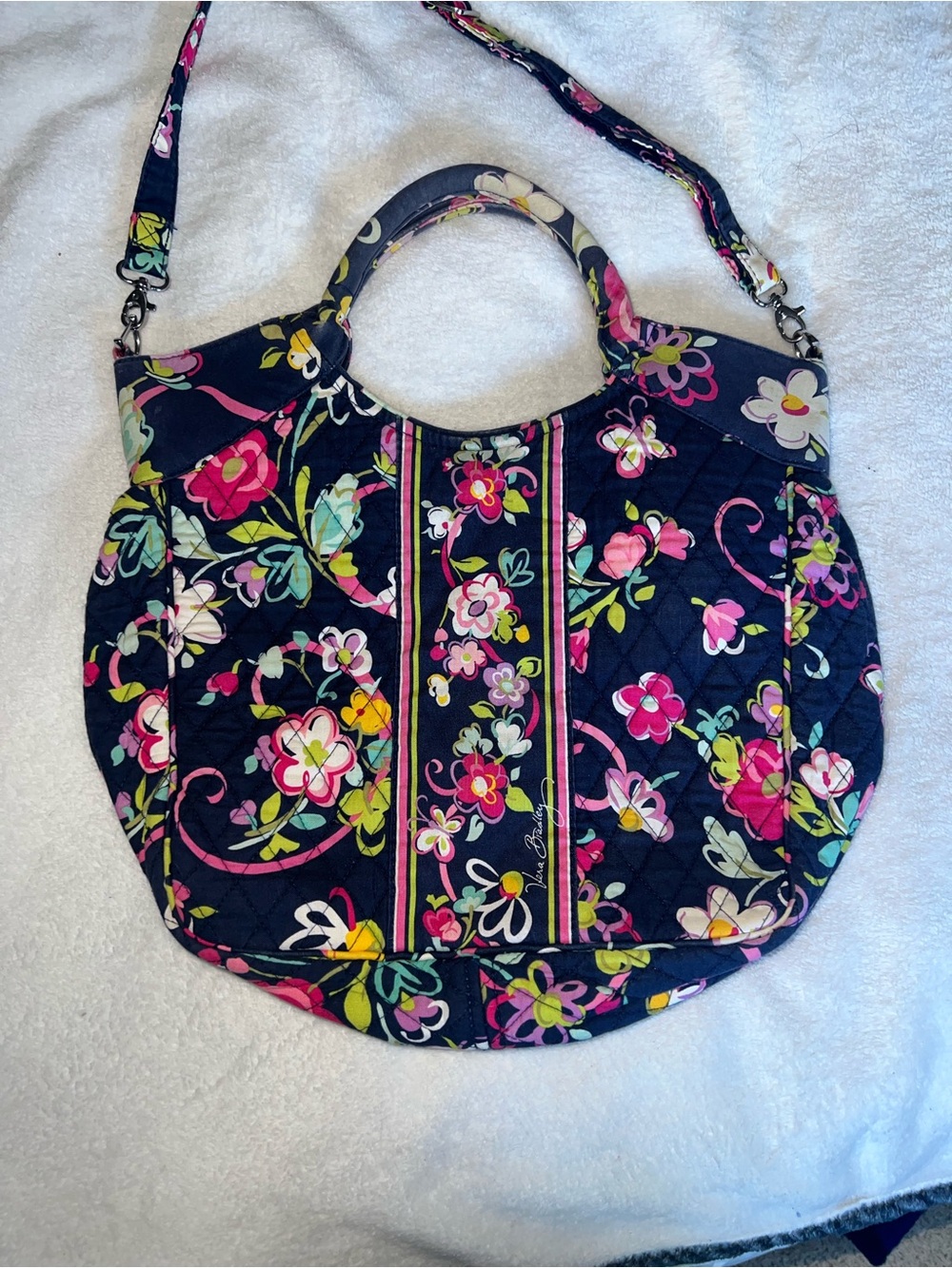 Vera Bradley Quilted Navy Floral Shoulder Tote — Pink & Green Accents